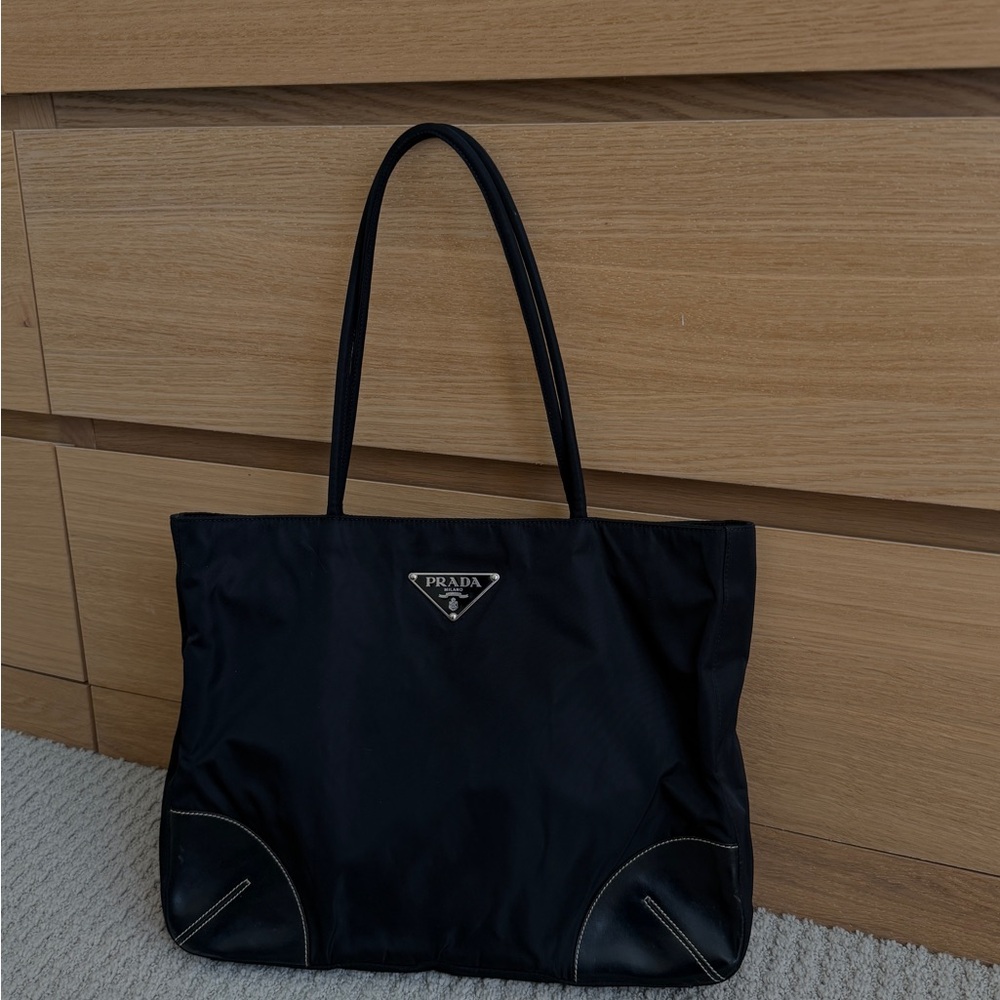 Vintage PRADA Black Nylon and Leather Tote Shoulder Bag Zip Closure